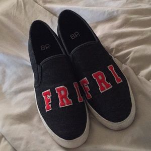 Bp slip on shoes denim look like red letters 7M